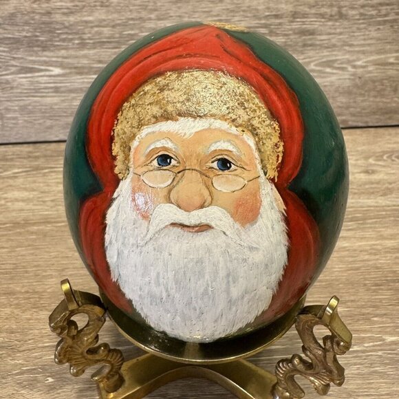 Santa Claus Sweet Face Gourd Hand Painted Christmas Folk Art Decor Signed Brass - Picture 2 of 14